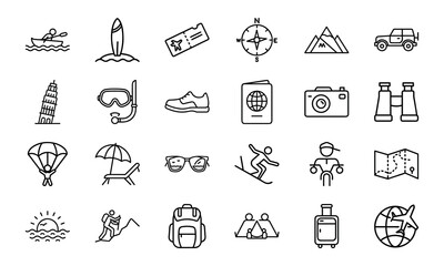Travel and Adventure Line Icons Set – Tourism, Vacation, Hiking, Camping, Airplane Ticket, Luggage, Backpack, Mountain Climbing, Surfing, Cycling, Snorkeling, Summer Holiday and Outdoor Exploration Ve