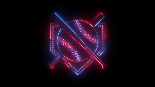 glowing neon Baseball and bat frame icon isolated on black background. neon baseball softball sport icon simple bat and ball template. crossed bats and baseball icon. 4k video.