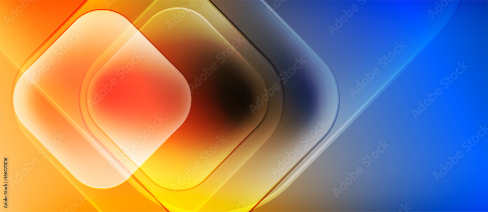 Poster abstract composition features layered squares, vibrant orange, blue hues. smooth gradients create dy