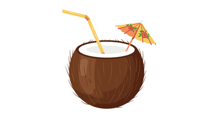 Tropical coconut drink with straw and umbrella on white background