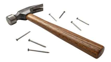 An old, isolated steel hammer and rusty nails on a white background