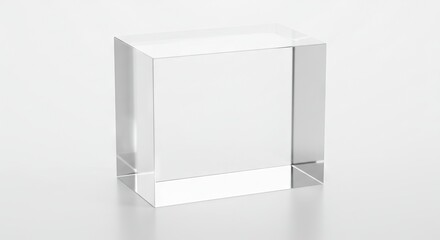 A clear glass cube rests on a white surface showcasing clean lines and reflective properties