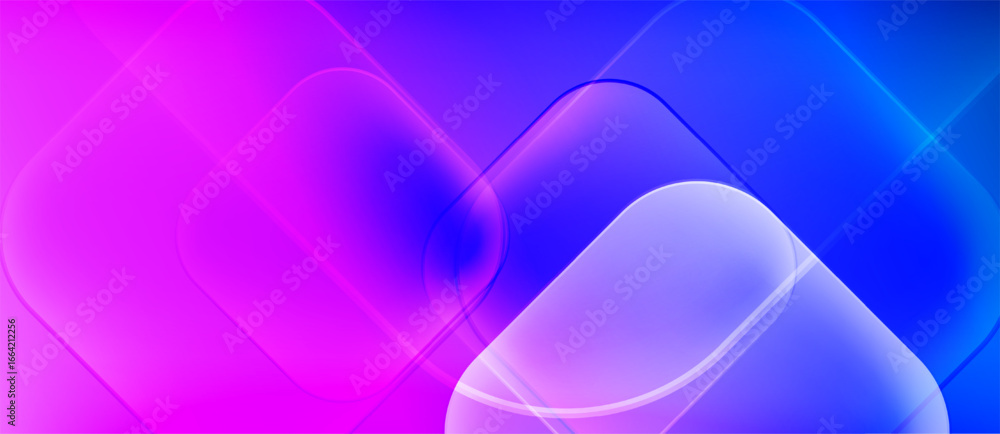 Poster abstract background features rounded squares, vibrant bluepink gradient. smooth transitions, glowing