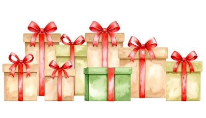 A delightful arrangement of stacked gift boxes, each adorned with a vibrant red ribbon and bow, in muted beige and pale green hues, creating a festive and cheerful composition against a pure white...