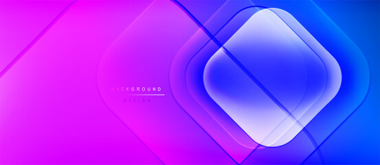 Abstract gradient background. Overlapping squares create dynamic visual effect. Bright purple, blue hues dominate composition. Modern design element.
