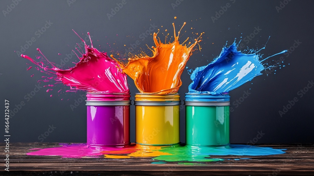 Poster three vibrant paint cans erupt with colorful splashes, creating dynamic art