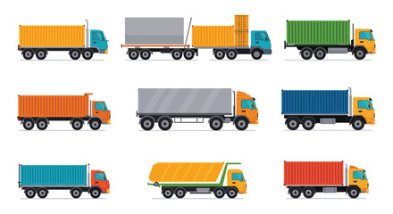 Collection of various colorful trucks and shipping containers side view