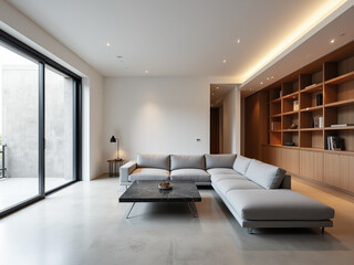 Open-Plan Minimalist Living Room with Grey L-Shaped Sofa and Black Marble Coffee Table.