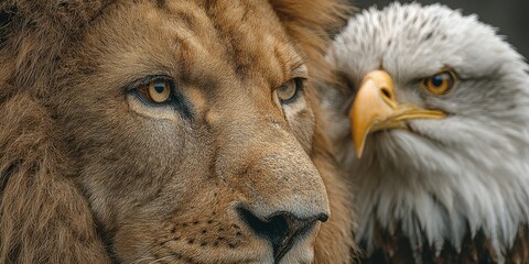 Majestic lion and eagle showcasing the beauty of wildlife in a tranquil moment of nature