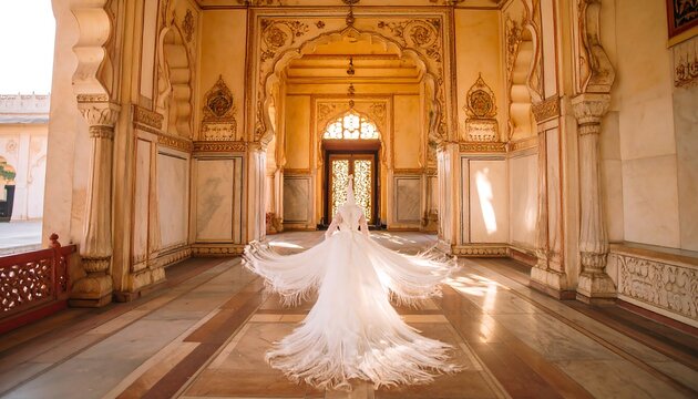 A graceful woman in a flowing white fringed gown, positioned within a grand, ornate palace hallway, bathed in golden light.