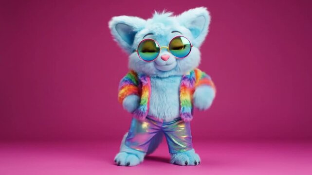 dancing blue furry mascot rainbow jacket sunglasses