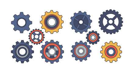 A group of colorful gears and cogs on a white background