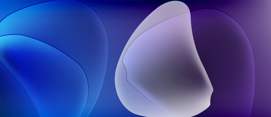 Abstract fluid shapes blend, creating soft blue, purple gradients. Minimalist design evokes calm, modern aesthetic. Smooth transitions dominate composition.