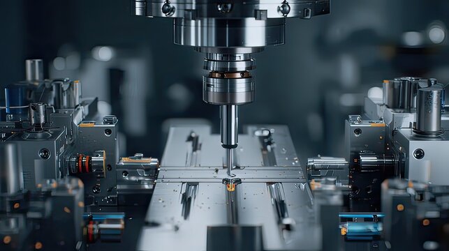 Precision CNC machining process with metal components and industrial equipment in a modern workshop environment - Powered by Adobe