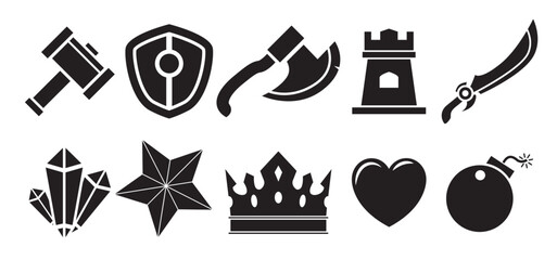 Fantasy rpg icons sword shield dice dragon wizard treasure chest for games and designs
