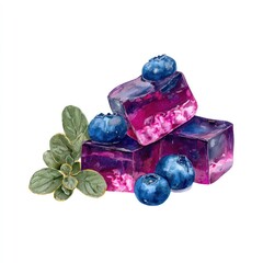 Purple and pink jelly cubes, blueberries, and herbs