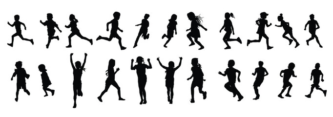Set kids running silhouette vector illustration
