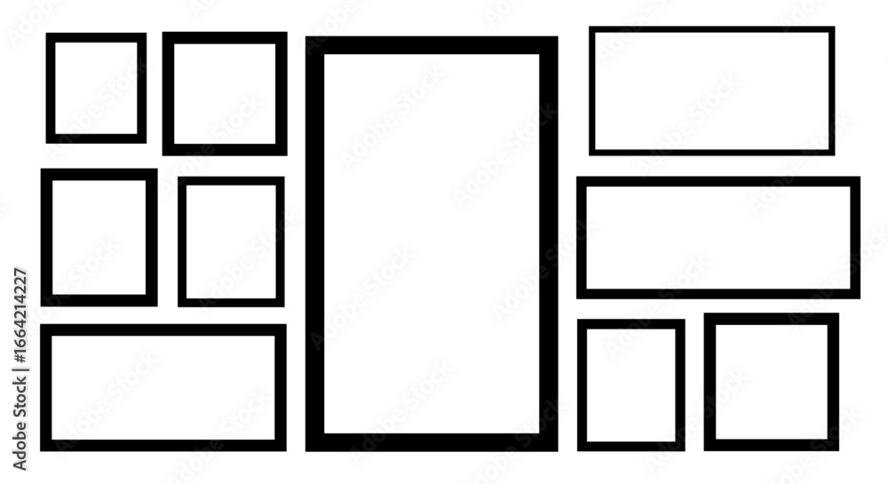 Poster Grid layout of minimalist black square frames for modern art display