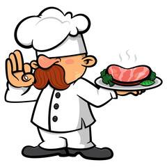 A funny cartoon chef with a big mustache proudly presents a grilled steak on a tray. This design is ideal for stickers, logos, and mascots for a steakhouse