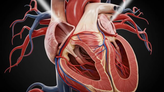 Detailed 3D Render of Human Heart Anatomy Cross-Section Showing Chambers  Valves  and Blood Vessels for Medical Education and Publication