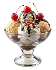 Delicious ice cream sundae with cherries and chocolate sauce, isolated on transparent background