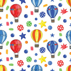 Seamless Pattern, Colorful hot air balloons with stars and polka dots whimsical vector pattern Stock royalty free.