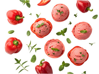 Red bell pepper ice cream scoops isolated on transparent background