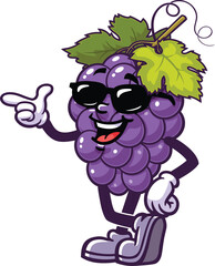 Cartoon mascot of grapes wearing sunglasses