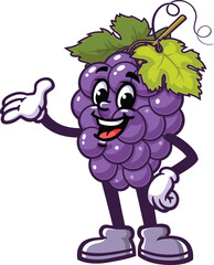 Cartoon mascot of grapes with a friendly welcoming pose