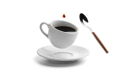 Black coffee in a white cup with a floating coffee droplet and spoon against white