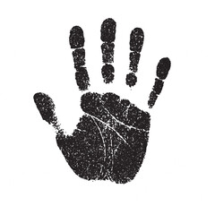 Grainy black and white illustration of a handprint representing identity evidence crime mark fingerprint human rights touch individuality and symbolic artistic expression