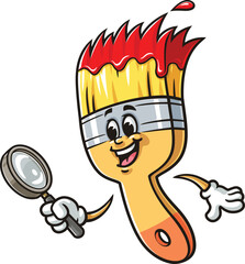 Cartoon mascot of a paint brush holding a magnifying glass