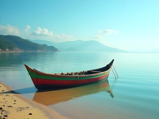 Colorful boat anchored on serene beach