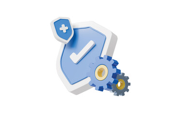 3d shield with gear icon. system security concept. Minimal cartoon protection with check mark and medical cross isolated on white background. 3d render.