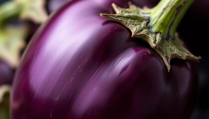 Close-up of a single, glossy eggplant, rich purple skin, showing texture and subtle highlights,  cooking,  diet