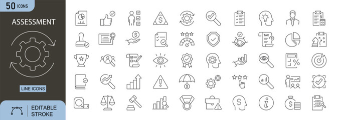 Assessment icons set. Includes icons for evaluation, review, test, grading, feedback, analysis, score, performance, checklist, and report. Editable stroke. Line icons. Perfect for education, business.