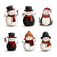 Winter snowmen collection in festive attire with accessories showcasing delightful expressions and cheerful poses