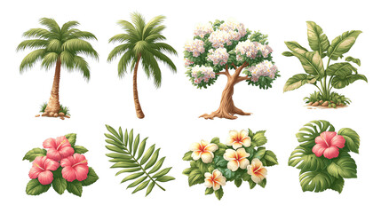 Vibrant Tropical Plants Collection Palm Trees,Hibiscus,Flowers, Lush Greenery