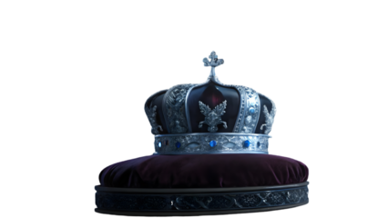 Regal silver crown with blue gems on velvet cushion isolated on a transparent background royal