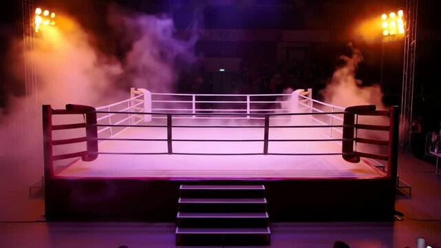 Professional boxing ring on a stage with smoke effects and dramatic lighting in a dark arena