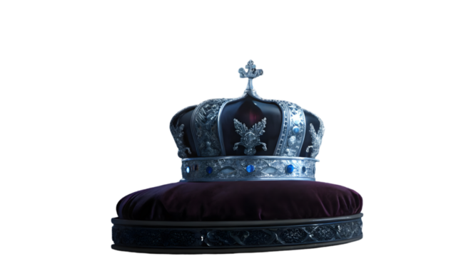Regal silver crown with blue gems on velvet cushion isolated on a transparent background royal
