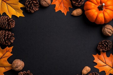 Autumn leaves pumpkin pine cones and nuts on black ba. Seasonal foliage gourd fir fruitage acorn on dark backdrop fall harvest still life arrangement thanksgiving decoration autumnal