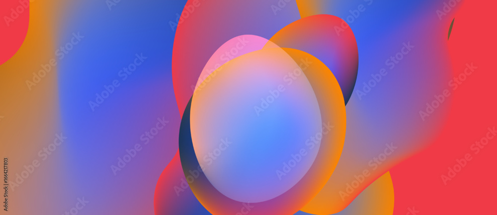 Poster Abstract fluid shapes blend, creating vibrant color gradients. Circles overlap, forming dynamic composition. Soft lighting enhances visual appeal.