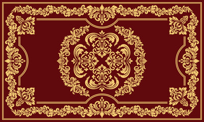 Luxurious oriental rug in burgundy and gold, featuring ornate floral and baroque motifs. Perfect for home decor, textiles, and digital prints.