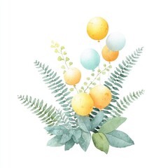 Watercolor arrangement of pastel-colored balloons and fern foliage