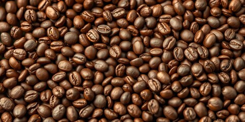 Fototapeta premium Rich brown coffee beans fill the frame, close-up texture visible, delicious, dark