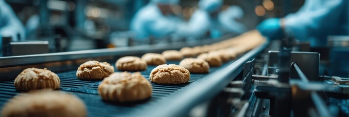 Cookies baking on a conveyor belt in a busy commercial kitchen during a production shift