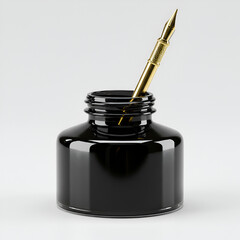 Black ink bottle with quill pen for writing calligraphy