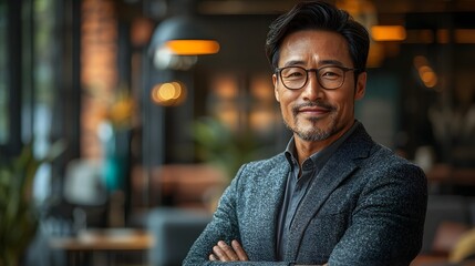 Confident Asian businessman leading a corporate team in a modern conference room