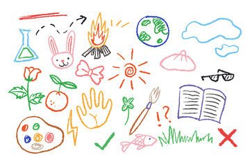 Crayon fun cute kid colorful line art doodle set badge, scribble line flower, background. Hand drawn doodle sketch childish element set. Flower, book, fire, cloud, children draw style design elements